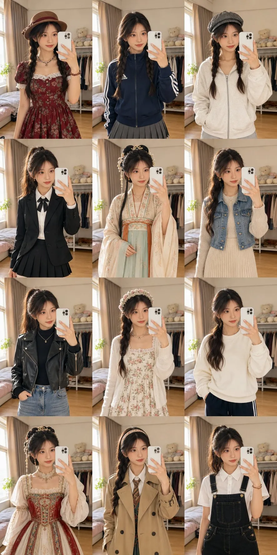 Twelve-panel mirror outfit collage