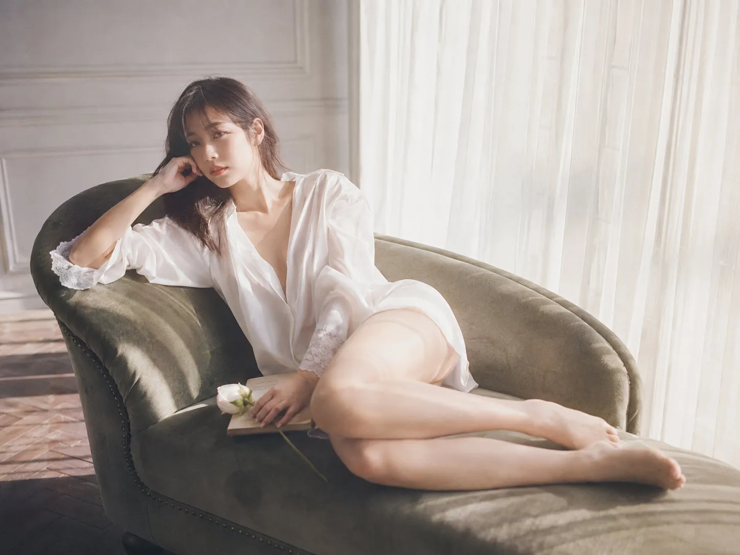 Soft cinematic chaise lounge portrait