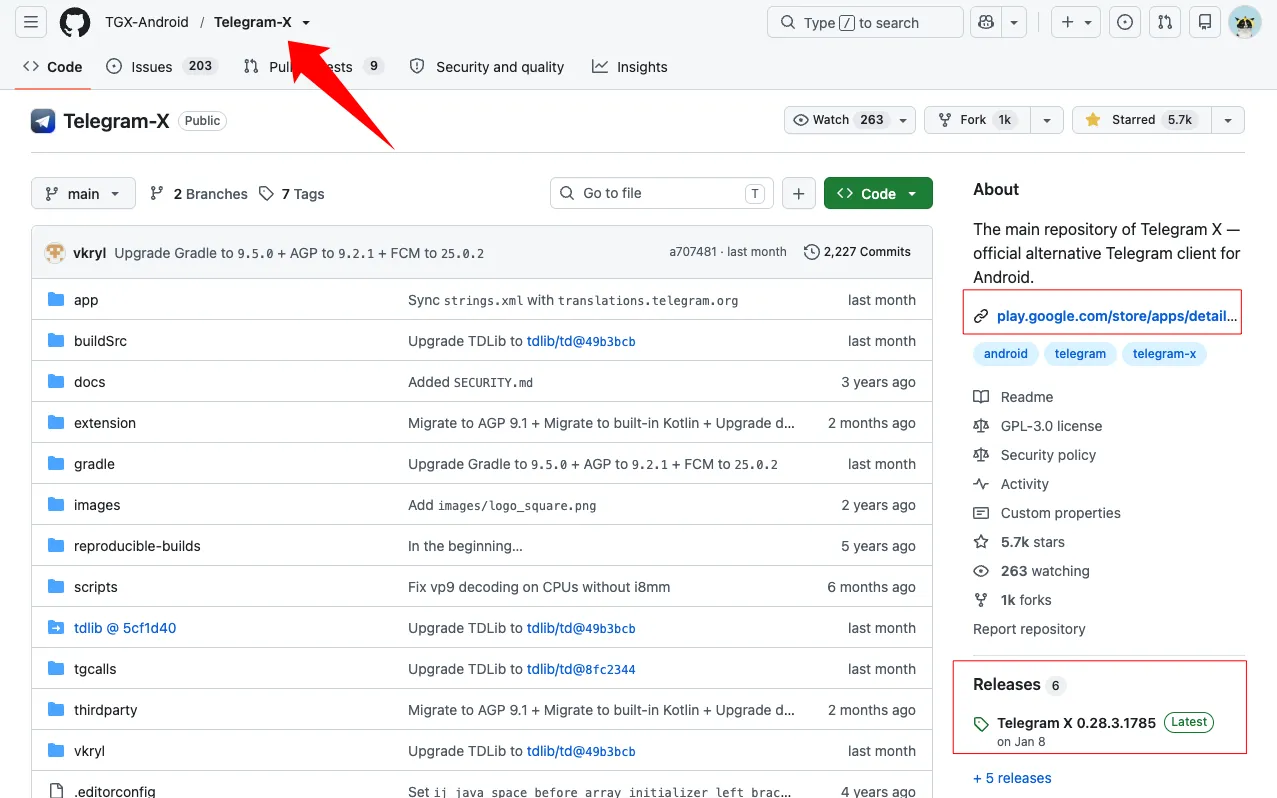 第一张：TelegramX GitHub 项目页面